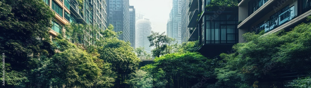 Tall Buildings with Lush Greenery in an Urban Landscape Tall Buildings with Lush Greenery in an Urban Landscape