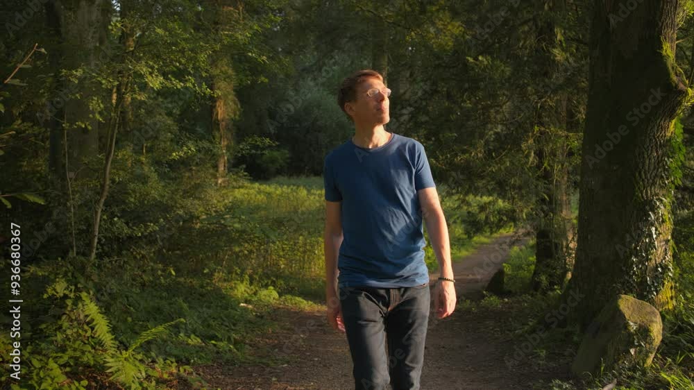 Young man enjoying a relaxed walk in scenic nature. Hiker on a trail in an idyllic forest or park, with pleasant warm sunset light Young man enjoying a relaxed walk in scenic nature. Hiker on a trail in an idyllic forest or park, with pleasant warm sunset light