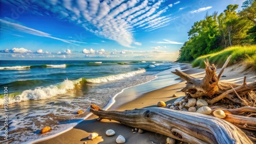 Serene ocean waves gently lap against the weathered wooden shore, where driftwood and seashells scatter, surrounded by lush greenery and a clear blue sky. photo