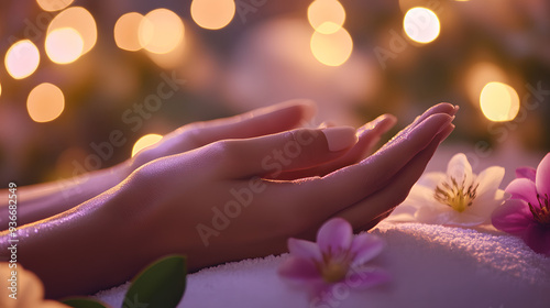 Wallpaper Mural Relaxed Hands in Peaceful Spa Setting with Flowers and Candlelight, Focus on Skin Care and Relaxation, Perfect for Wellness and Self-Care Concepts Torontodigital.ca