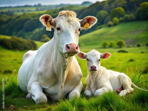Wallpaper Mural Serene rural scene featuring a gentle white cow lying down in a lush green pasture, tenderly gazing at her adorable calf by her side. Torontodigital.ca
