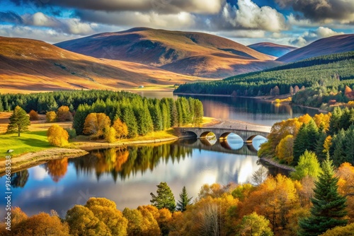 Serene Scottish landscape featuring Glen Feshie's rolling hills, Feshie Bridge, and Loch Insh's calm waters, surrounded by the majestic Cairngorms mountains in autumn. photo