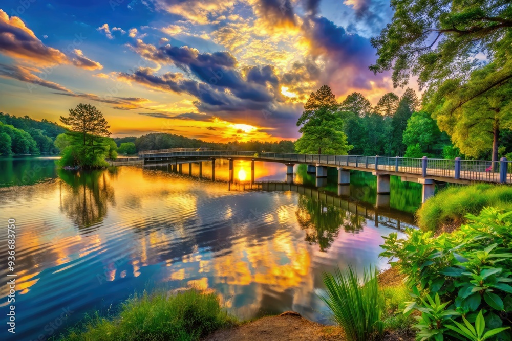 Fototapeta premium Serene spring sunset at Lake Acworth's Proctor Landing Park, featuring rippling water, lush greenery, and a bridge, surrounded by vibrant trees and plants in Georgia, USA.