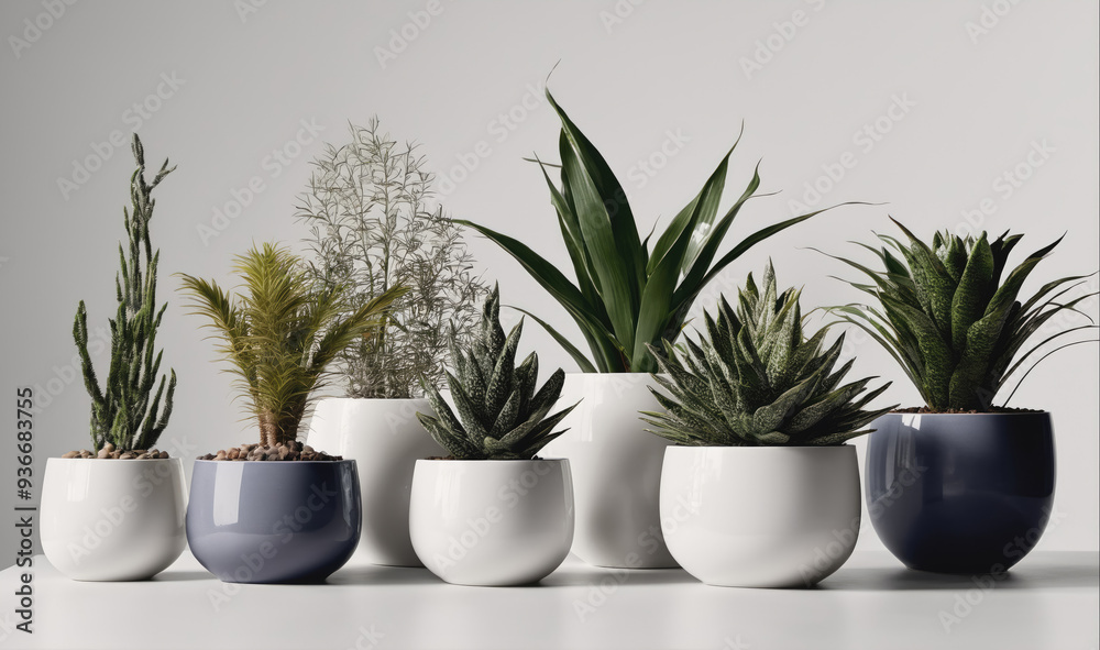 Obraz premium A row of six potted plants sits on a white countertop