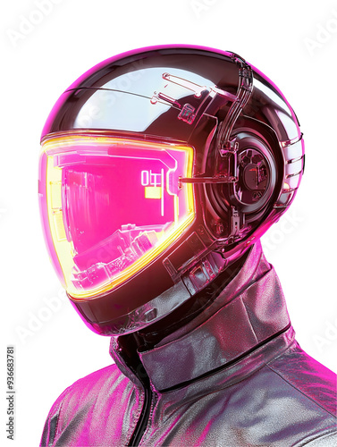 A futuristic astronaut with a glossy helmet, featuring neon accents against a sleek silver suit, embodying space exploration themes. Isolated on transparent or white background. photo