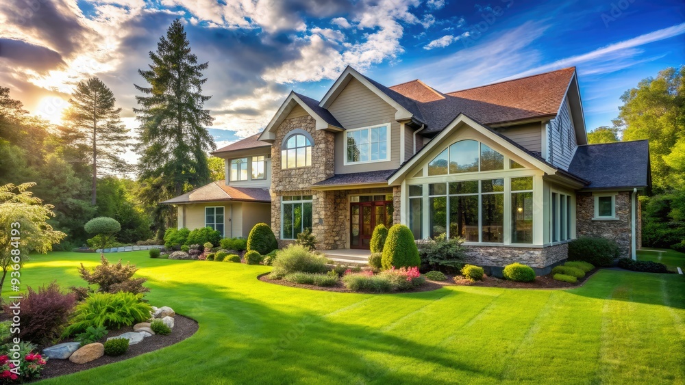 Serene suburban residence surrounded by lush, vibrant green wet grass, with few trees and a sunny sky reflected in windows and glass doors. Serene suburban residence surrounded by lush, vibrant green wet grass, with few trees and a sunny sky reflected in windows and glass doors.
