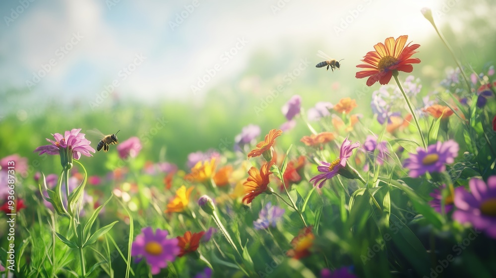 Fototapeta premium A vibrant field of wildflowers in bloom with bees buzzing during a sunny day