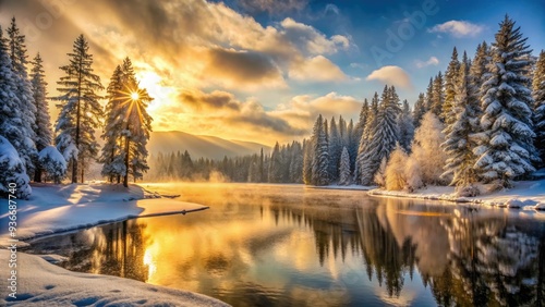 Serene winter landscape featuring a majestic frozen lake, surrounded by snow-covered evergreen trees, with a misty atmosphere and warm sunlight casting golden hues.