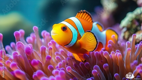 Colorful clownfish in anemone ideal for capturing vivid underwater marine life images