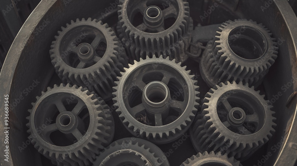 Abstract illustration of interconnected gears cogs each turning next complex machine representing start of chain reaction in the development of new technologies visualizing the momentum of innovation Abstract illustration of interconnected gears cogs each turning next complex machine representing start of chain reaction in the development of new technologies visualizing the momentum of innovation