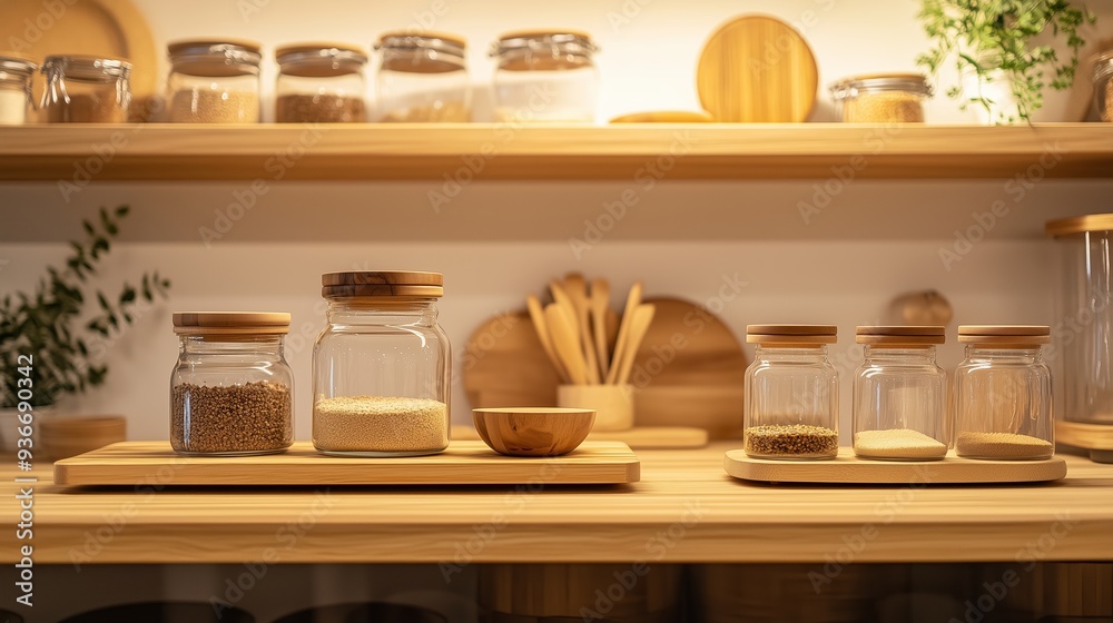 Spice jars and wooden utensils on a kitchen shelf with a warm ambiance Spice jars and wooden utensils on a kitchen shelf with a warm ambiance