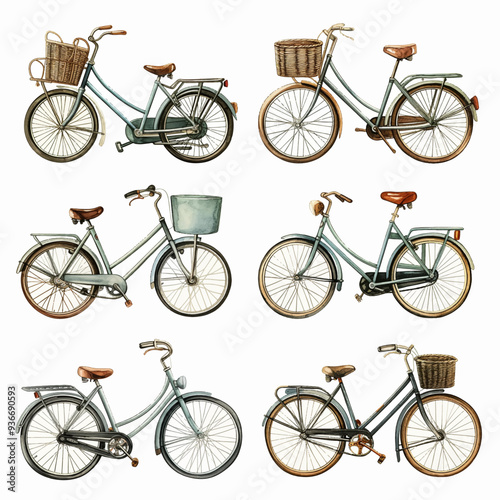 Vintage Bicycle Illustrations: A collection of detailed vintage bicycle illustrations, featuring classic designs with baskets, leather saddles, and elegant metal frames, evoking a nostalgic charm