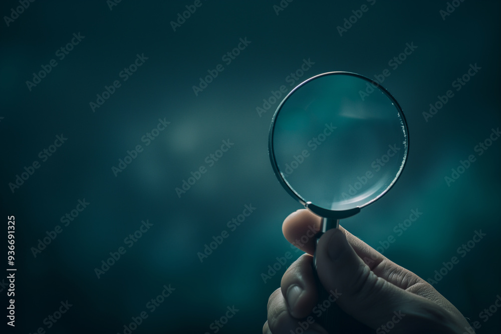 Hand Holding Magnifying Glass on Teal Background Hand Holding Magnifying Glass on Teal Background