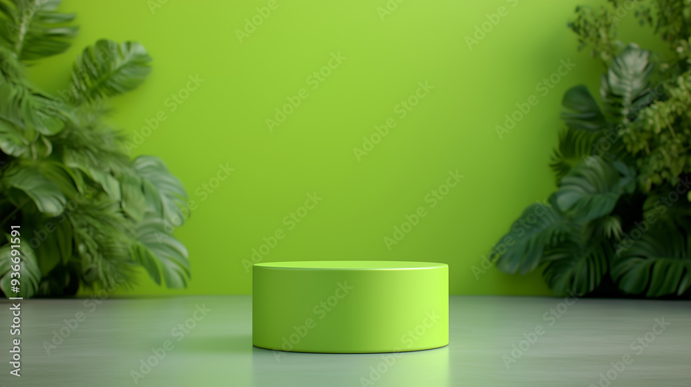 Mockup neon green podium for product presentation with plants background Mockup neon green podium for product presentation with plants background