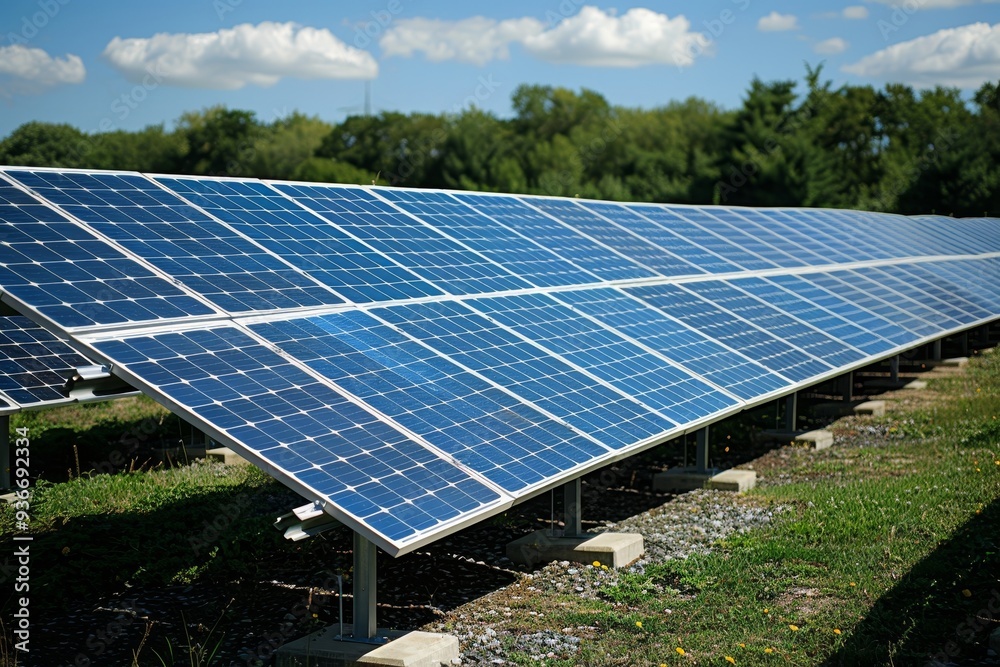 Ground-mounted solar panel system in beautiful green field generates clean, renewable energy. Panels angled to optimize sunlight capture, providing sustainable power for nearby homes, businesses. Ground-mounted solar panel system in beautiful green field generates clean, renewable energy. Panels angled to optimize sunlight capture, providing sustainable power for nearby homes, businesses.
