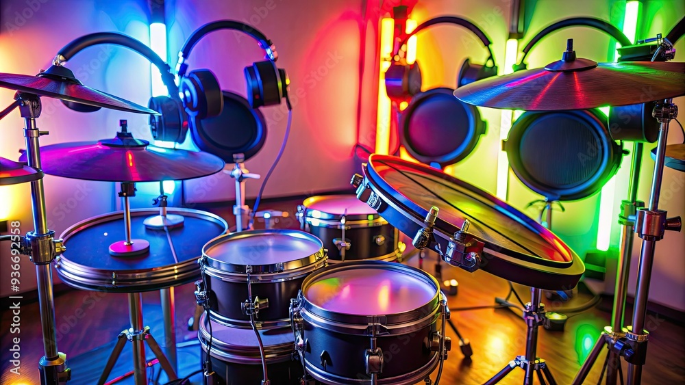 Shiny electronic drums with colorful pads and sleek black finish, surrounded by cables and headphones, illuminated by soft studio lighting, waiting for the musician.