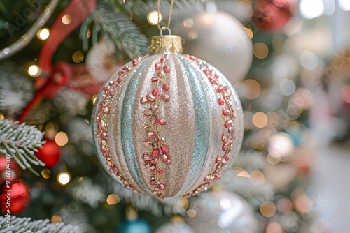 Close-up of a stunning Christmas ornament on a tree branch. Round ball with silver and white stripes, pink beads. Tree adorned with red, white ornaments, twinkling lights. photo