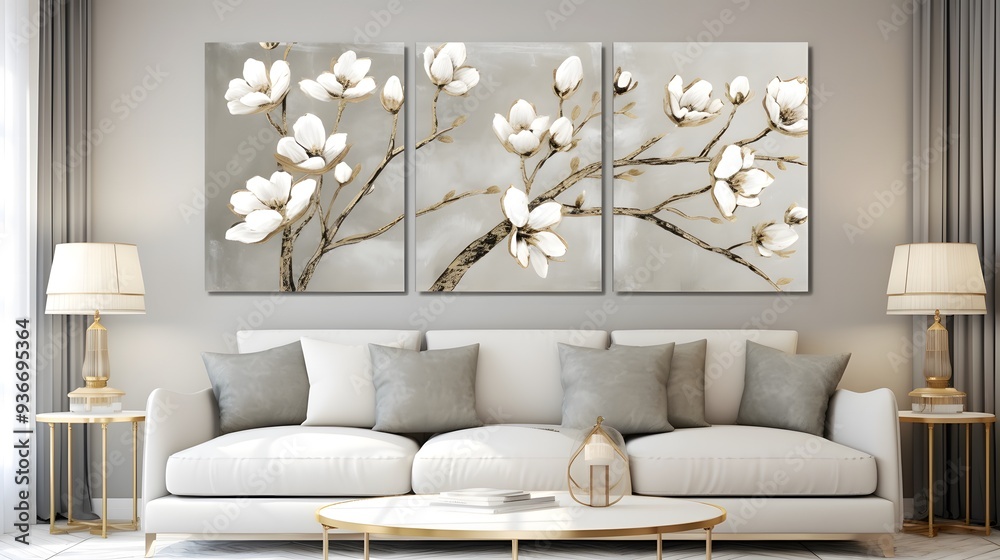 Elegant Living Room with a Luxurious Three-Panel 3D Floral Wall Art ...