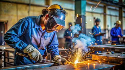 Skilled student learns welding techniques at a vocational training institute in India, surrounded by machinery and tools, with a focus on hands-on education.