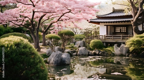 Serene Japanese Garden with Cherry Blossoms in Full Bloom Surrounding a Traditional Tea House by a Tranquil Pond - A Peaceful Zen Landscape with Stone Pathways and Manicured Trees