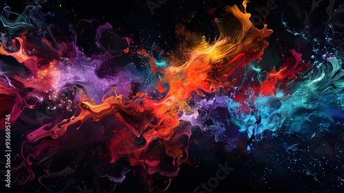 Abstract Cosmic Splash of Neon Pink, Blue, and Purple Liquid Droplets Floating in a Dark Space Background with Vibrant Colors and Bokeh Effects