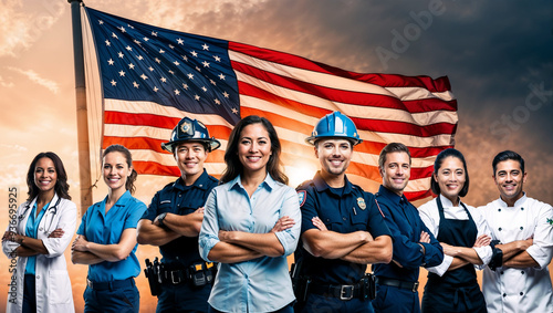 Emotional portrait of diverse professionals and American flag waving in the background. Pride and dedication of the American workforce, celebrating the diversity and unity across various professions