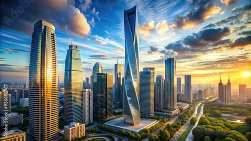 Sleek, futuristic skyscraper with twisting, sculptural design dominates the cityscape, its sleek, modern lines and vibrant colors a striking contrast to the surrounding urban landscape. photo