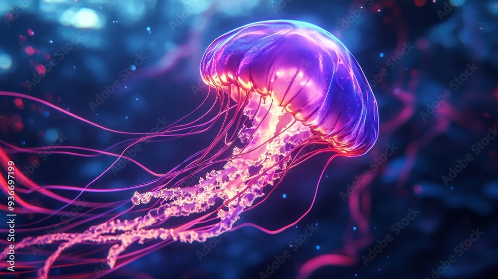 Vibrant Pink and Blue Jellyfish with Long Tentacles in Dark Water Vibrant Pink and Blue Jellyfish with Long Tentacles in Dark Water