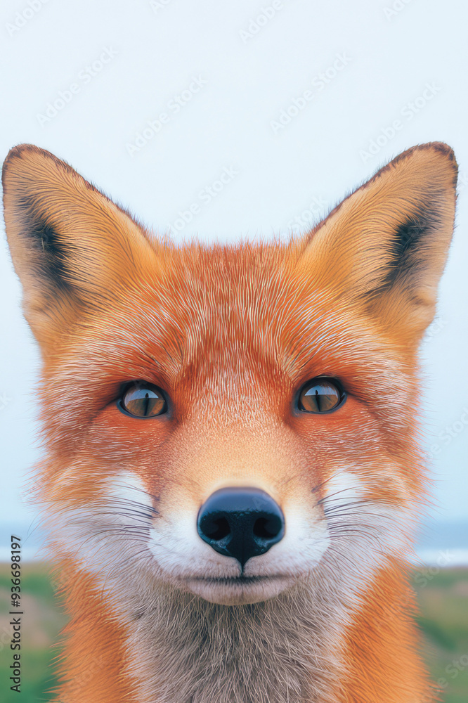 Obraz premium This image depicts a fox with vibrant orange and white fur, standing outdoors against a blurred background, highlighting its detailed and expressive ears.