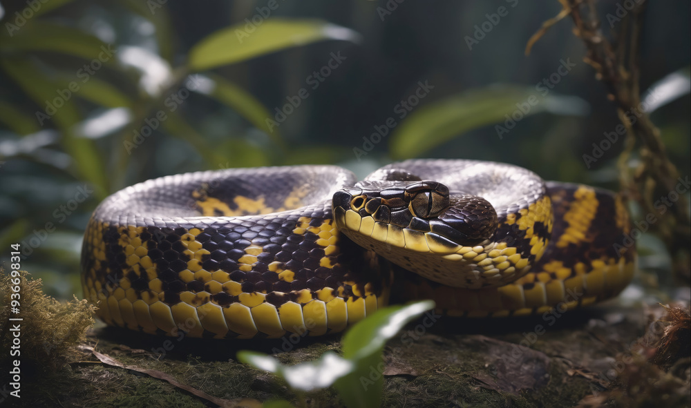 A black and yellow snake is curled up on a branch in a rainforest A black and yellow snake is curled up on a branch in a rainforest