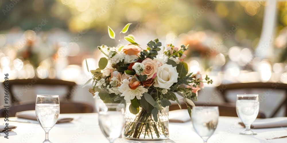 Floral display in a vase on a white table cover at a tented wedding celebration. Floral display in a vase on a white table cover at a tented wedding celebration.