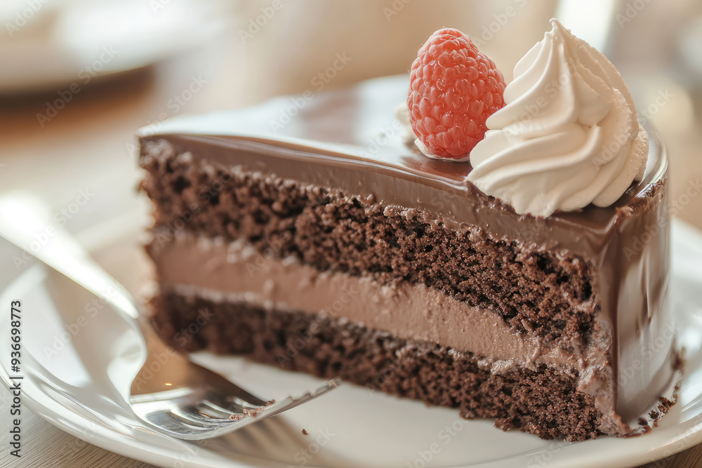 A mouthwatering slice of rich chocolate cake, layered with creamy chocolate filling and topped with a fresh raspberry and whipped cream, displayed on a white plate. A mouthwatering slice of rich chocolate cake, layered with creamy chocolate filling and topped with a fresh raspberry and whipped cream, displayed on a white plate.
