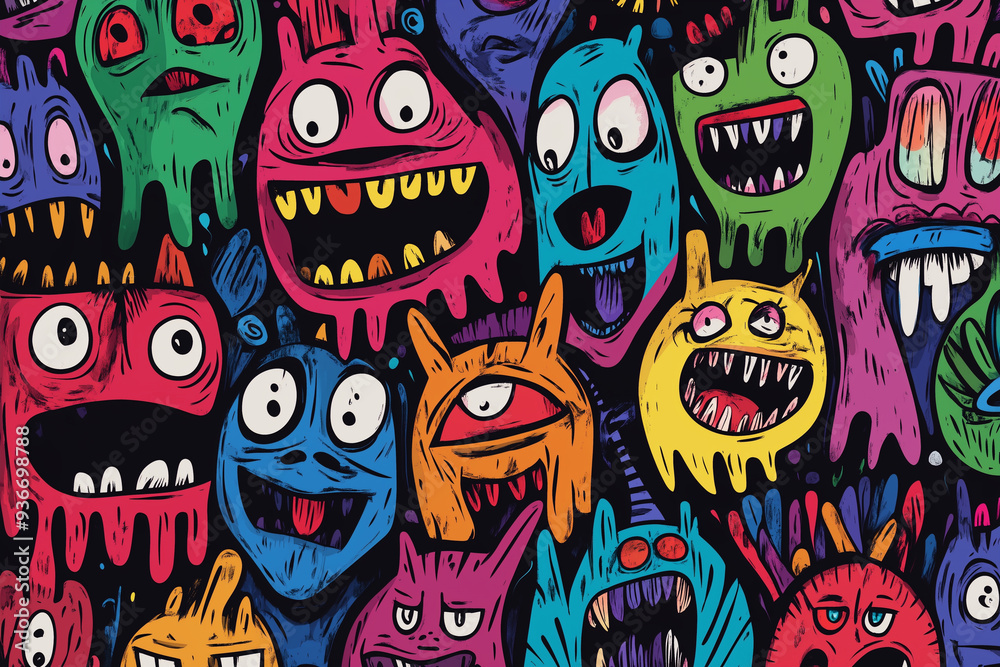 Abstract graffiti of cartoon monsters, ghosts and strange creatures. Multicolored doodle poster with monsters and aliens for halloween. For posters, backgrounds, wallpapers Abstract graffiti of cartoon monsters, ghosts and strange creatures. Multicolored doodle poster with monsters and aliens for halloween. For posters, backgrounds, wallpapers