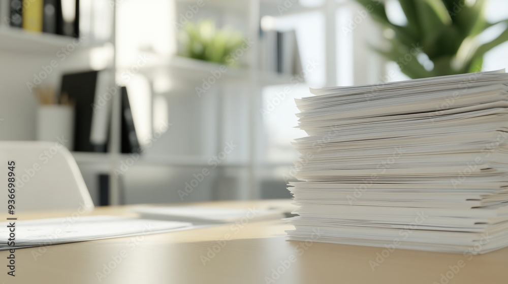 A bright workplace featuring a desk filled with stacks of paper files and documents, with folders and shelves in the background. Office work, documentation, or end-of-year reporting. A bright workplace featuring a desk filled with stacks of paper files and documents, with folders and shelves in the background. Office work, documentation, or end-of-year reporting.