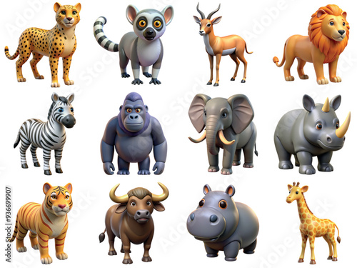 Collection of african safari fauna including cheetah, lemur, antelope, lion, zebra, gorilla, elephant, rhinoceros, tiger, buffalo, hippopotamus, giraffe