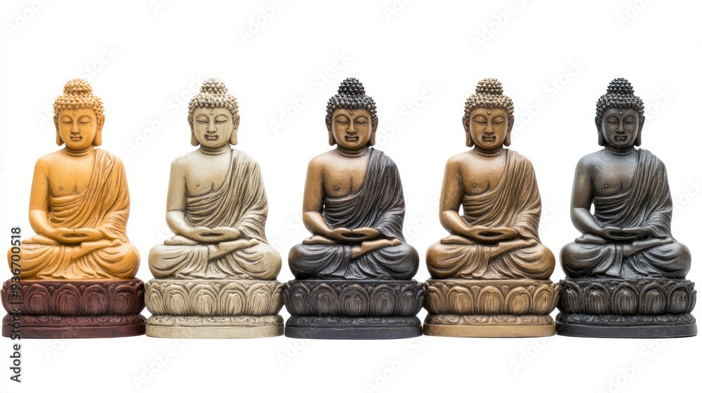 Five Different Colored Buddha Statues in Meditation Pose Five Different Colored Buddha Statues in Meditation Pose
