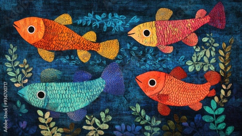 Brightly colored traditional Gond folk art from India featuring intricate patterns of fish a textured background
