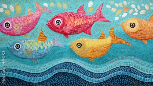 Brightly colored traditional Gond folk art from India featuring intricate patterns of fish a textured background
