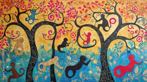 Brightly colored traditional Gond folk art from India featuring intricate patterns of animals on a textured background
