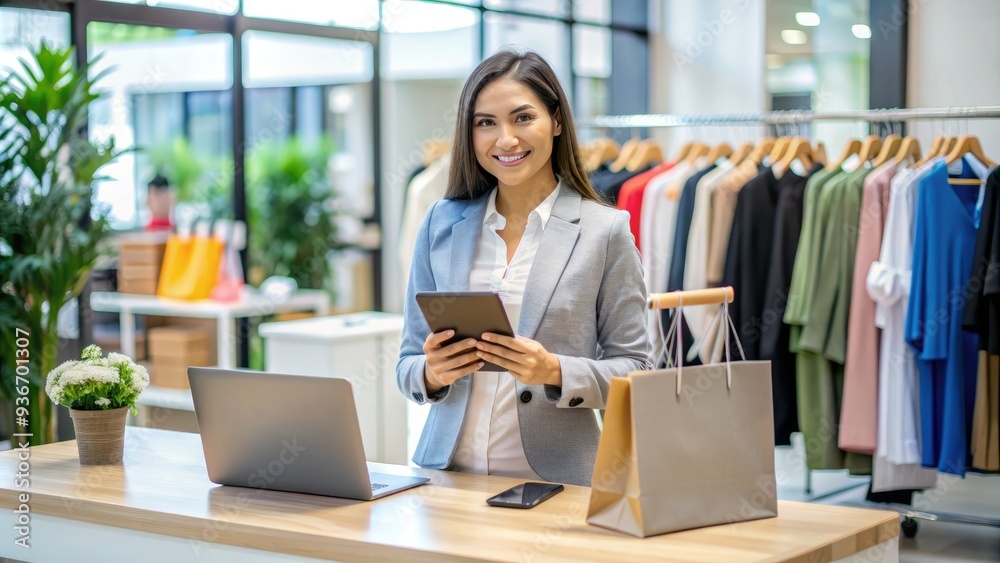 Fototapeta premium Smiling customer service representative stands confidently behind a desk, holding a tablet and beaming with joy, surrounded by sale tags and shopping bags.