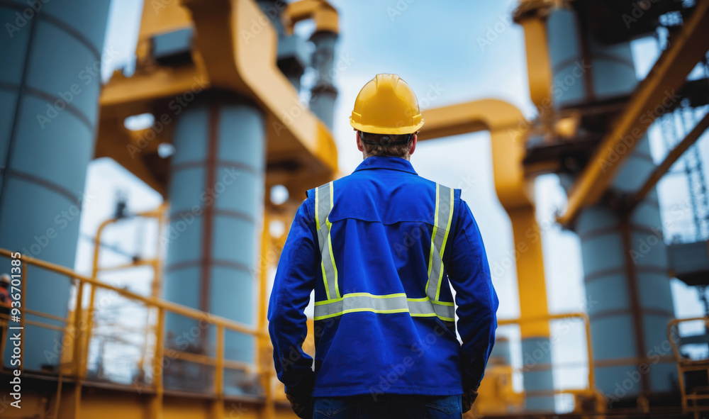 A construction worker in a yellow hard hat and blue jacket looks toward a large industrial site A construction worker in a yellow hard hat and blue jacket looks toward a large industrial site