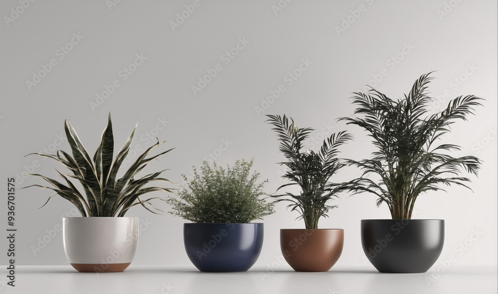 Fototapeta premium Four potted plants sit in a row on a white surface