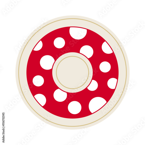 Polka Dot Saucer top view. Soviet red Plate in Retro style. Teaware, kitchenware with rim. Home Dessertware. Porcelain empty Dish from service. Isolated. Flat design. Color vector illustration