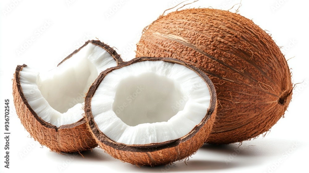 A Whole Coconut and Two Halves with Visible White Flesh