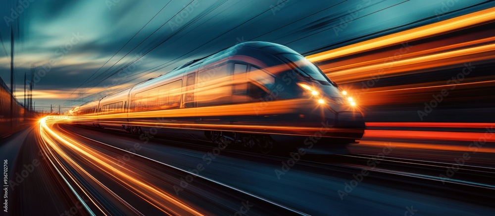 High-Speed Train Blurred in Motion with Dramatic Sunset Lighting High-Speed Train Blurred in Motion with Dramatic Sunset Lighting