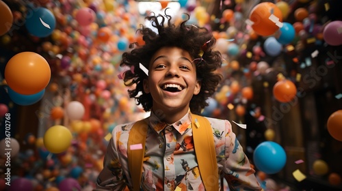 A zany person wearing a costume covered in polka dots and stripes, posing against a colorful confetti background with a joyful expression