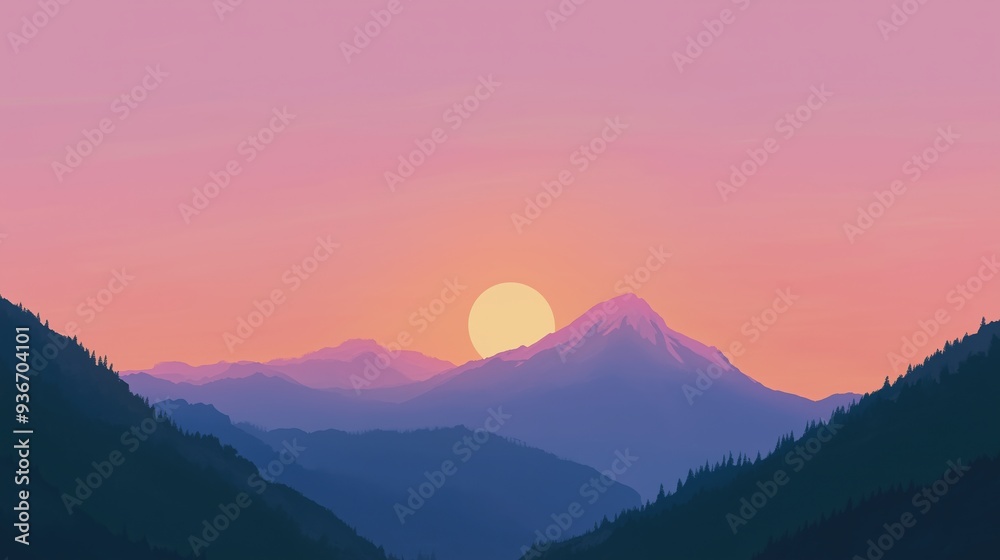 Obraz premium Minimalist anime-inspired sunset over layered mountains with a large red sun, perfect for adding copy or design elements