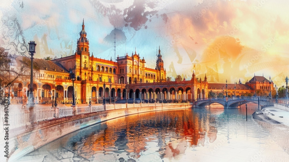 Obraz premium View of Seville, Plaza de España. Travel in Spain. Holidays in Andalusia. Horizontal banner, free space for text, watercolor illustration. Postcard from Sevilla. Tourism concept. Andalusian trip