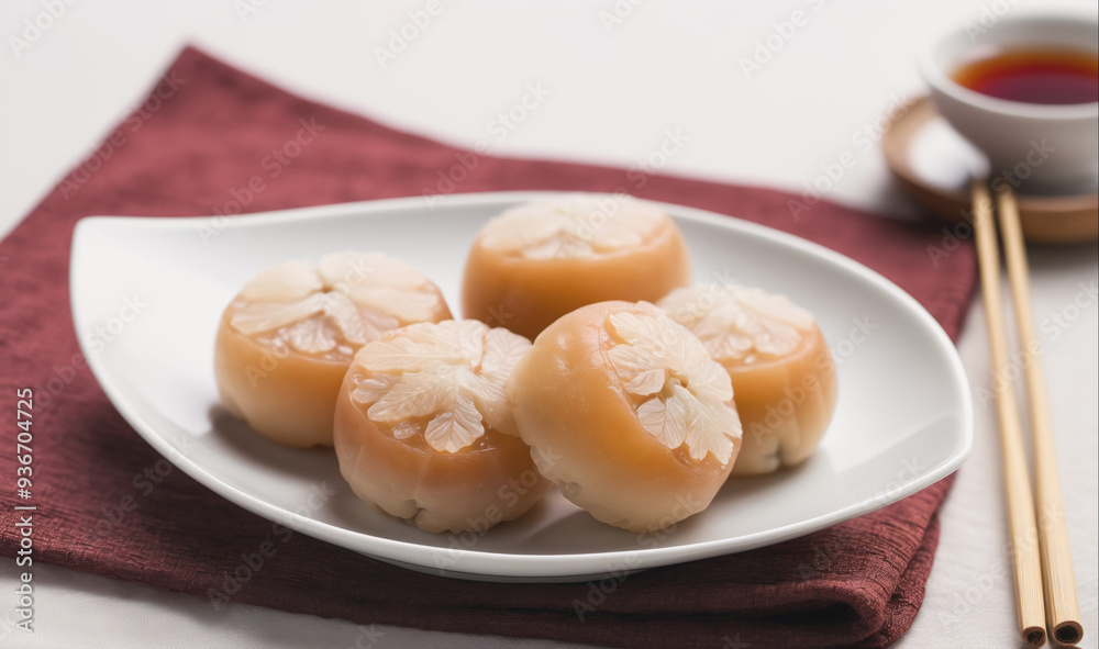Four almond cakes are arranged on a white plate, ready to be enjoyed Four almond cakes are arranged on a white plate, ready to be enjoyed