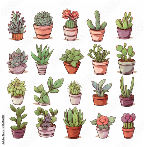 Succulents and Cacti Plant Illustrations: A pastel-toned collection of succulents and cacti illustrations, featuring various plant species in cute pots, offering a charming and vibrant botanical aesth